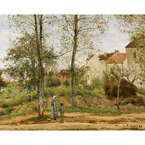 Houses at Bougival Black Modern Wood Framed Art Print with Double Matting by Pissarro, Camille
