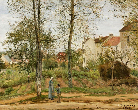 Houses at Bougival White Modern Wood Framed Art Print with Double Matting by Pissarro, Camille