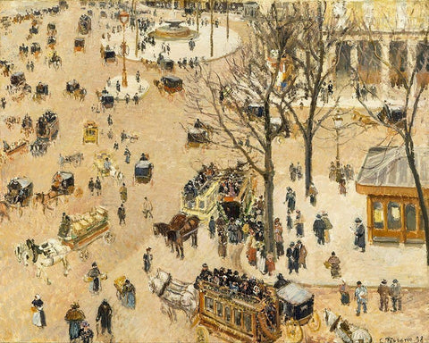 La Place due Theatre Francais White Modern Wood Framed Art Print with Double Matting by Pissarro, Camille