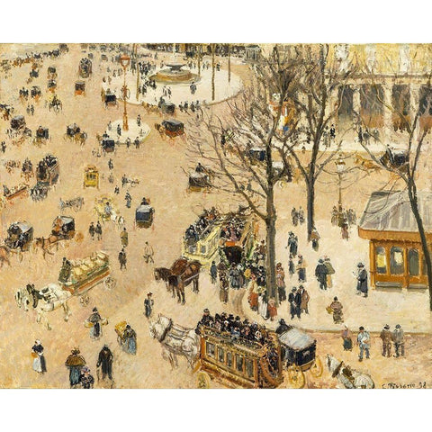 La Place due Theatre Francais Gold Ornate Wood Framed Art Print with Double Matting by Pissarro, Camille