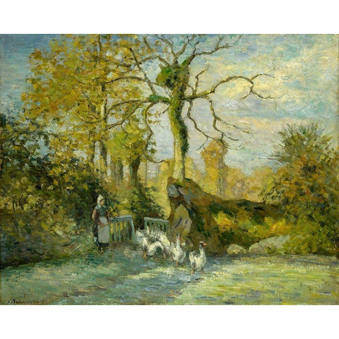 The Goose Girl at MontfoucaultÂ  Gold Ornate Wood Framed Art Print with Double Matting by Pissarro, Camille