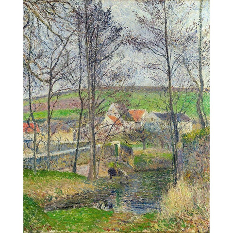 The banks of the Viosne at Osny in grey weather, winter Black Modern Wood Framed Art Print with Double Matting by Pissarro, Camille