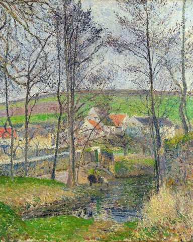 The banks of the Viosne at Osny in grey weather, winter Black Ornate Wood Framed Art Print with Double Matting by Pissarro, Camille