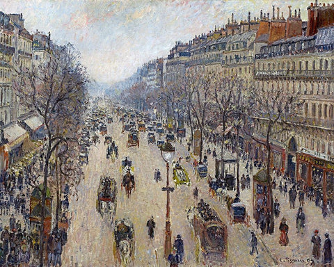 Boulevard Montmartre, Morning, Cloudy Weather Black Ornate Wood Framed Art Print with Double Matting by Pissarro, Camille