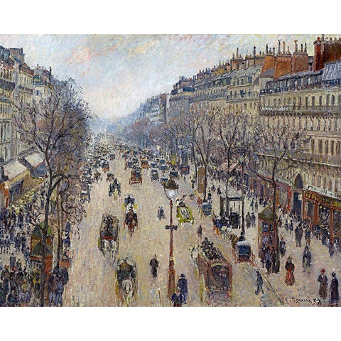 Boulevard Montmartre, Morning, Cloudy Weather White Modern Wood Framed Art Print by Pissarro, Camille