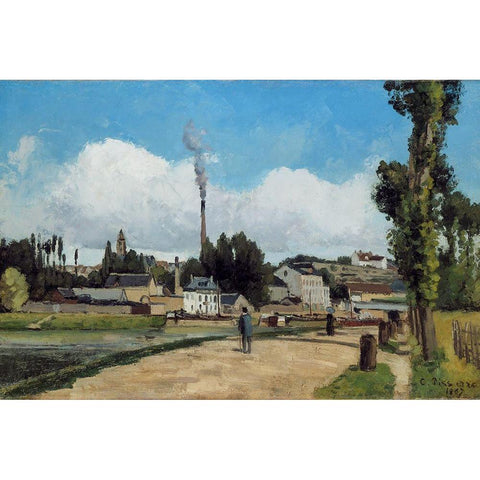 Banks of the Oise at Pontoise Black Modern Wood Framed Art Print with Double Matting by Pissarro, Camille