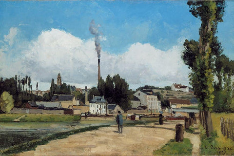 Banks of the Oise at Pontoise Black Ornate Wood Framed Art Print with Double Matting by Pissarro, Camille