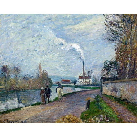 The Oise near Pontoise in Grey Weather Black Modern Wood Framed Art Print with Double Matting by Pissarro, Camille