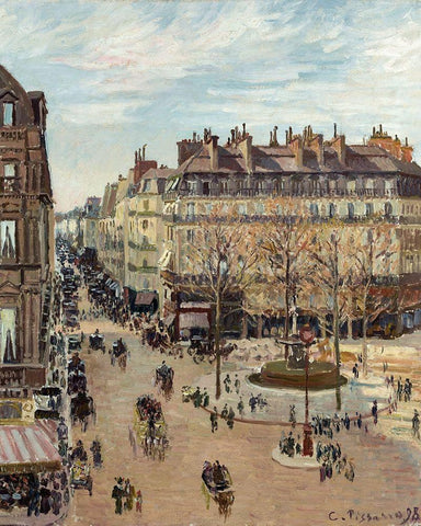 Rue Saint-Honore, Sun Effect, Afternoon White Modern Wood Framed Art Print with Double Matting by Pissarro, Camille