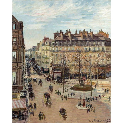 Rue Saint-Honore, Sun Effect, Afternoon White Modern Wood Framed Art Print by Pissarro, Camille