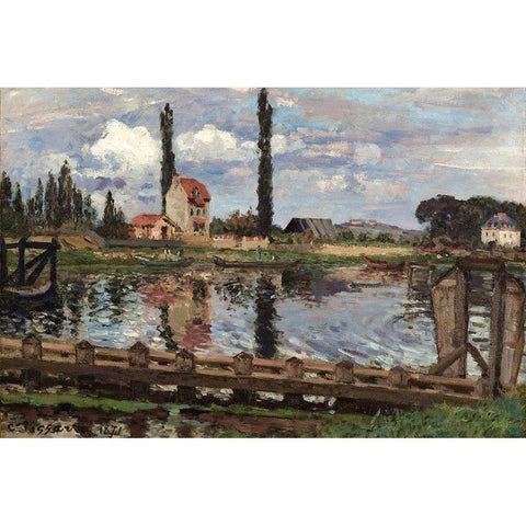 Banks of the Seine at Port Marly Black Modern Wood Framed Art Print with Double Matting by Pissarro, Camille