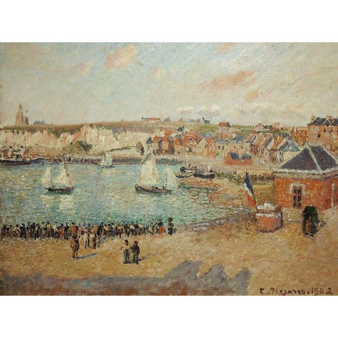 View of the Dieppe outer harbor White Modern Wood Framed Art Print by Pissarro, Camille