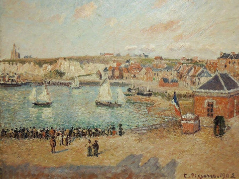 View of the Dieppe outer harbor Black Ornate Wood Framed Art Print with Double Matting by Pissarro, Camille