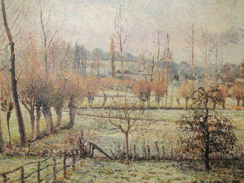 Snow effect at Eragny White Modern Wood Framed Art Print with Double Matting by Pissarro, Camille