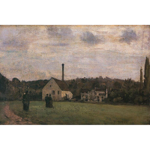 The Little Factory Black Modern Wood Framed Art Print with Double Matting by Pissarro, Camille