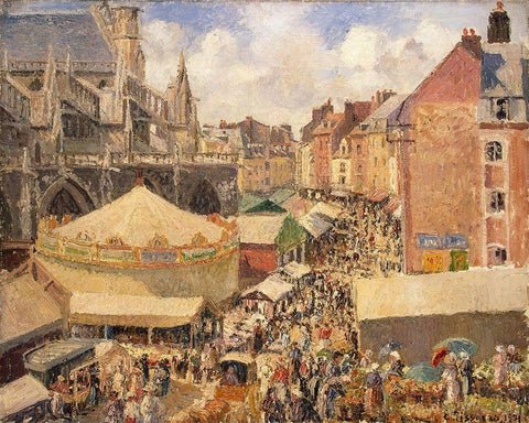 The Fair around the Saint-Jacques church, Dieppe Black Ornate Wood Framed Art Print with Double Matting by Pissarro, Camille