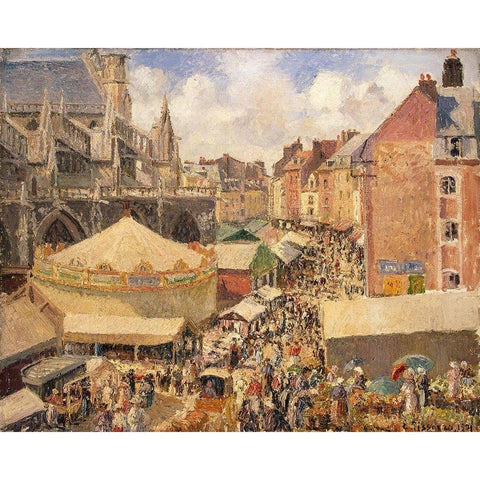 The Fair around the Saint-Jacques church, Dieppe White Modern Wood Framed Art Print by Pissarro, Camille