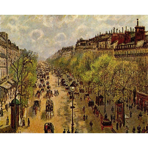 Boulevard Montmartre Springtime Black Modern Wood Framed Art Print with Double Matting by Pissarro, Camille