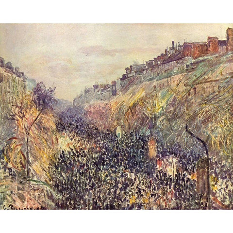 Boulevard Montmartre, Mardi Gras, at sunset White Modern Wood Framed Art Print by Pissarro, Camille