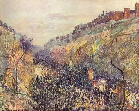 Boulevard Montmartre, Mardi Gras, at sunset Black Ornate Wood Framed Art Print with Double Matting by Pissarro, Camille