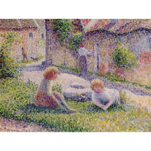 Children on a farm White Modern Wood Framed Art Print by Pissarro, Camille