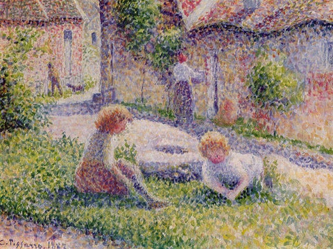 Children on a farm White Modern Wood Framed Art Print with Double Matting by Pissarro, Camille