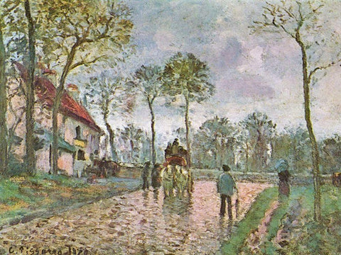 Louveciennes stagecoach Black Ornate Wood Framed Art Print with Double Matting by Pissarro, Camille