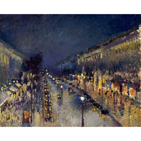 Boulevard Montmartre at night White Modern Wood Framed Art Print by Pissarro, Camille