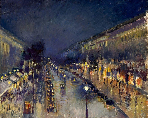 Boulevard Montmartre at night Black Ornate Wood Framed Art Print with Double Matting by Pissarro, Camille