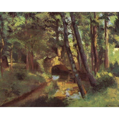 The Small Brigde, Pontoise White Modern Wood Framed Art Print by Pissarro, Camille