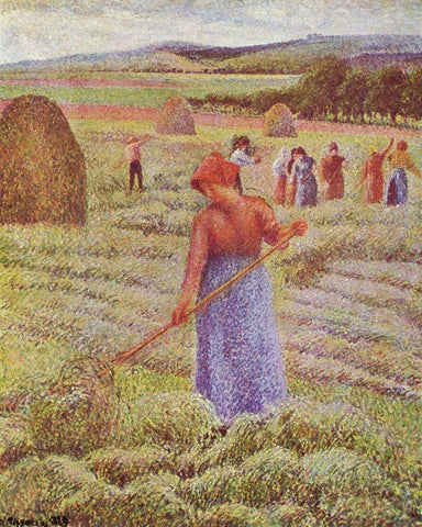 Hay harvest at Eragny-sur-epte White Modern Wood Framed Art Print with Double Matting by Pissarro, Camille