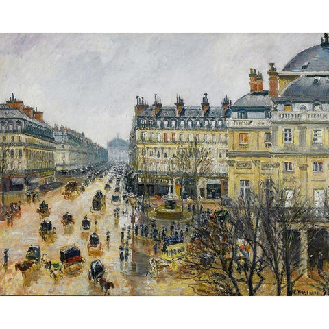 Place du Theatre Francais, Paris, Rain White Modern Wood Framed Art Print by Pissarro, Camille