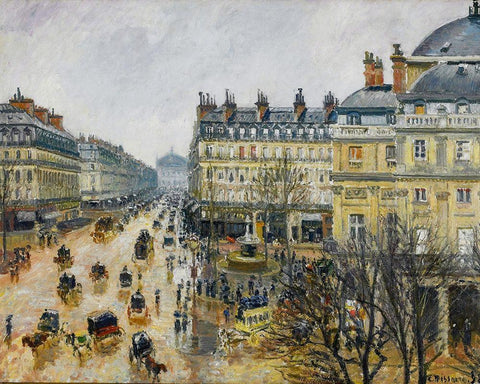 Place du Theatre Francais, Paris, Rain White Modern Wood Framed Art Print with Double Matting by Pissarro, Camille