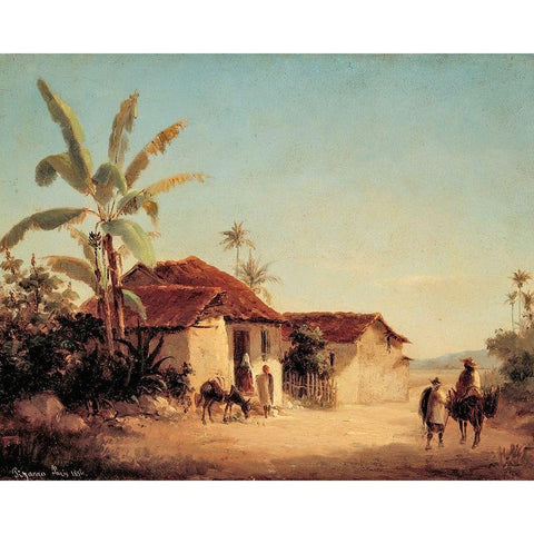 Landscape with Farmhouses and Palm Trees Black Modern Wood Framed Art Print with Double Matting by Pissarro, Camille