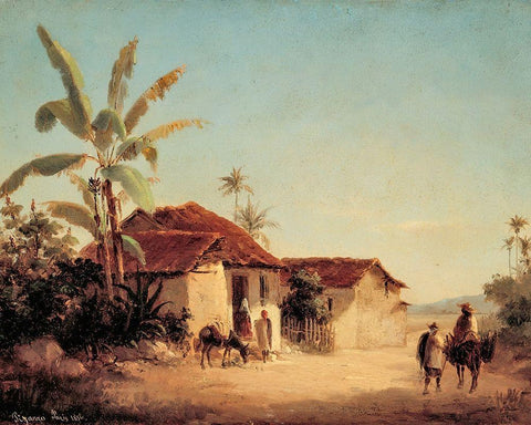 Landscape with Farmhouses and Palm Trees Black Ornate Wood Framed Art Print with Double Matting by Pissarro, Camille