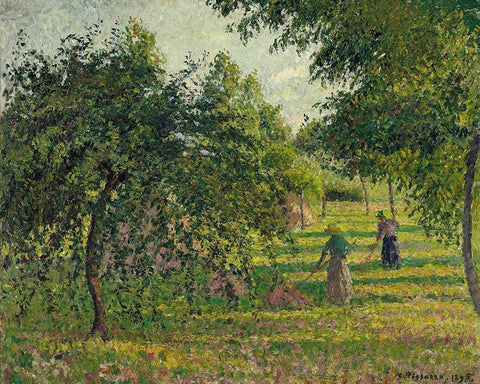 Apple trees and tedders, Eragny Black Ornate Wood Framed Art Print with Double Matting by Pissarro, Camille