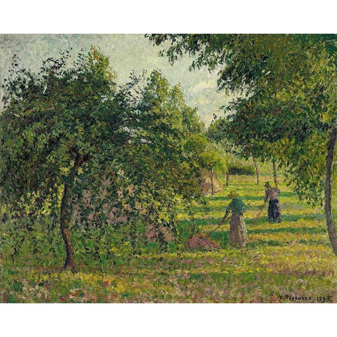 Apple trees and tedders, Eragny White Modern Wood Framed Art Print by Pissarro, Camille