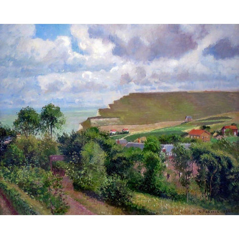 View of Berneval Black Modern Wood Framed Art Print with Double Matting by Pissarro, Camille