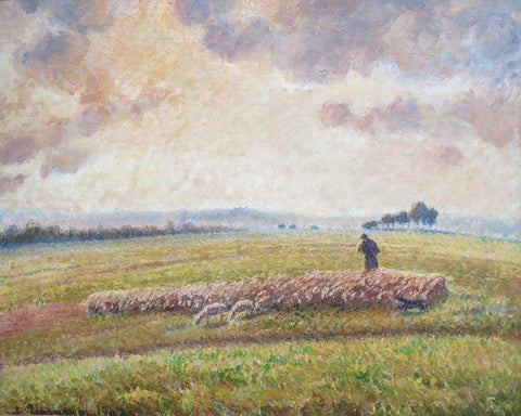 Landscape with Flock of Sheep White Modern Wood Framed Art Print with Double Matting by Pissarro, Camille