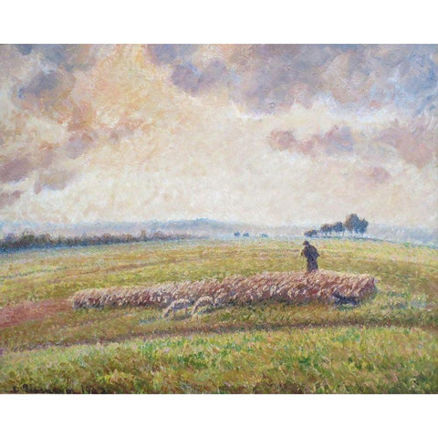 Landscape with Flock of Sheep Gold Ornate Wood Framed Art Print with Double Matting by Pissarro, Camille