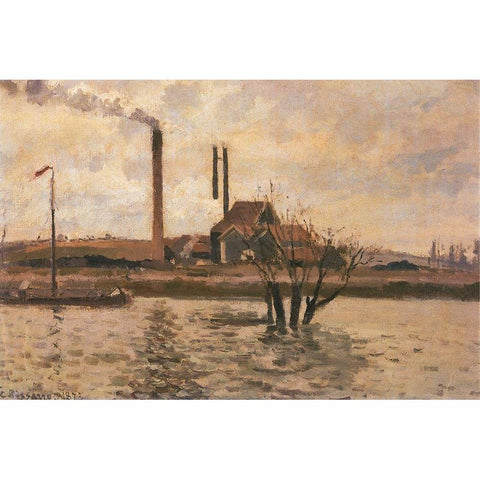 Factory at Sr Ouen-lAumone, the Flood of the Oise Black Modern Wood Framed Art Print with Double Matting by Pissarro, Camille