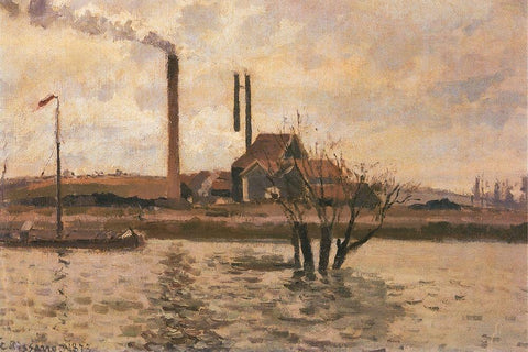 Factory at Sr Ouen-lAumone, the Flood of the Oise White Modern Wood Framed Art Print with Double Matting by Pissarro, Camille