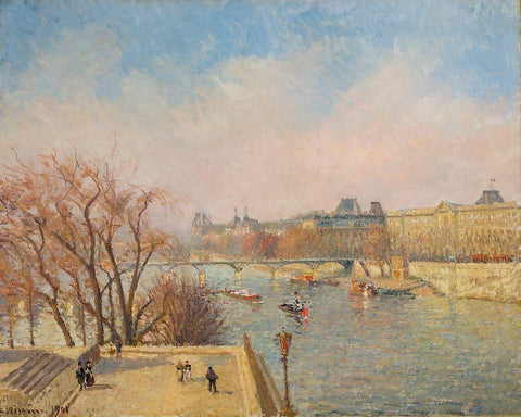 The Louvre, Morning, SunlightÂ  White Modern Wood Framed Art Print with Double Matting by Pissarro, Camille