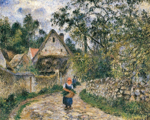 Cottages at Le Valhermeil, Auvers-sur-Oise Black Ornate Wood Framed Art Print with Double Matting by Pissarro, Camille