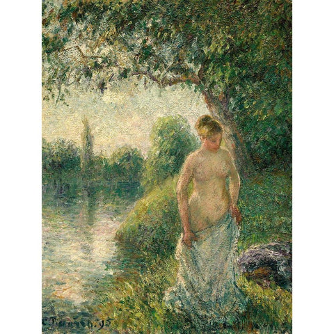 The Bather White Modern Wood Framed Art Print by Pissarro, Camille