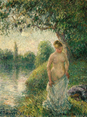 The Bather Black Ornate Wood Framed Art Print with Double Matting by Pissarro, Camille