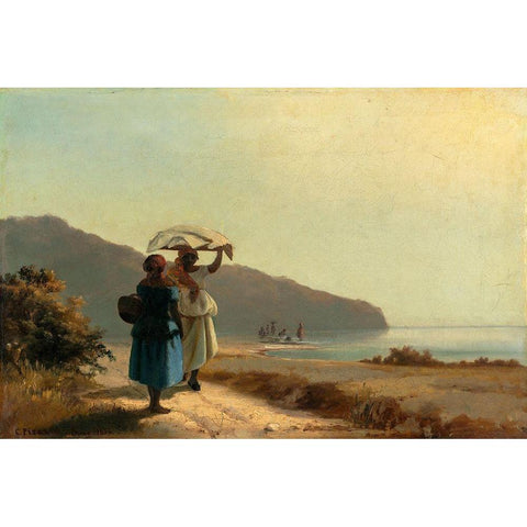 Two Women Chatting by the Sea, St. Thomas White Modern Wood Framed Art Print by Pissarro, Camille