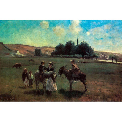 Donkey ride in La Roche-Guyon Gold Ornate Wood Framed Art Print with Double Matting by Pissarro, Camille