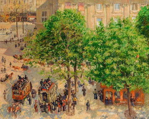 Place du Theatre-Francais, Spring White Modern Wood Framed Art Print with Double Matting by Pissarro, Camille