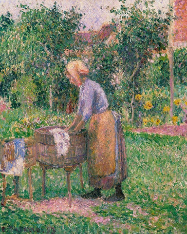 A Washerwoman at Eragny White Modern Wood Framed Art Print with Double Matting by Pissarro, Camille